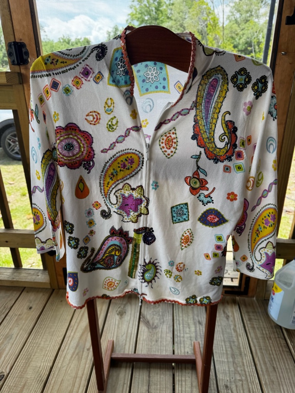 Alberto Makali Cream Cardigan with Orange Trim and Multicolor Paisley Print